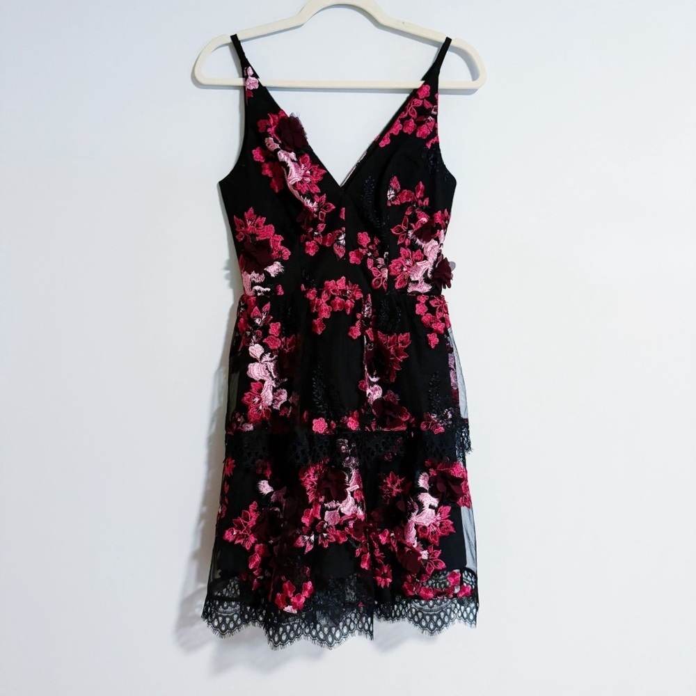 Dress the Population - Black & Pink Floral Embroidered Dress